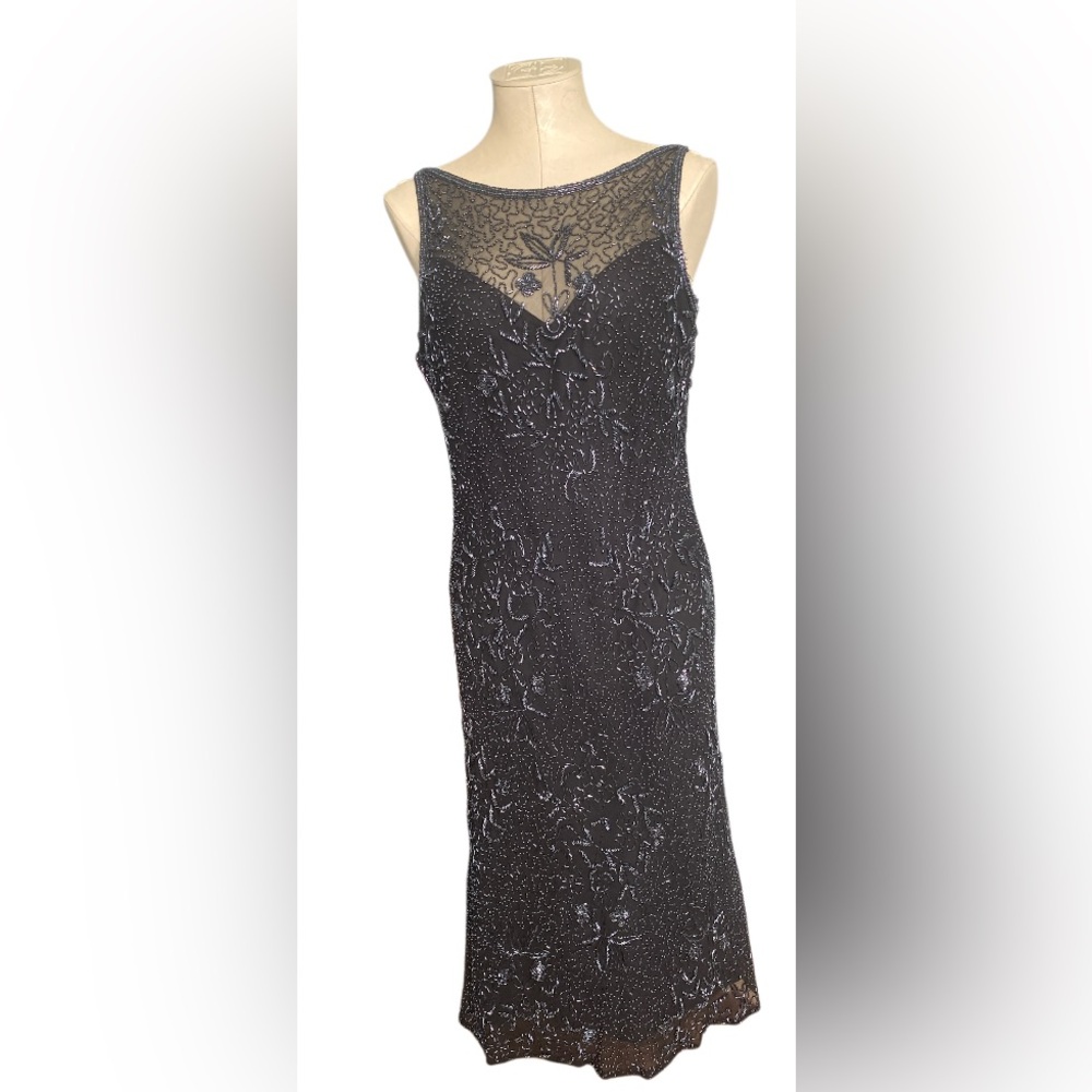 Vintage 90s 100% Silk Scala Dress Beaded Silk Slip Dress Cowl Backless Black - Picture 7 of 17